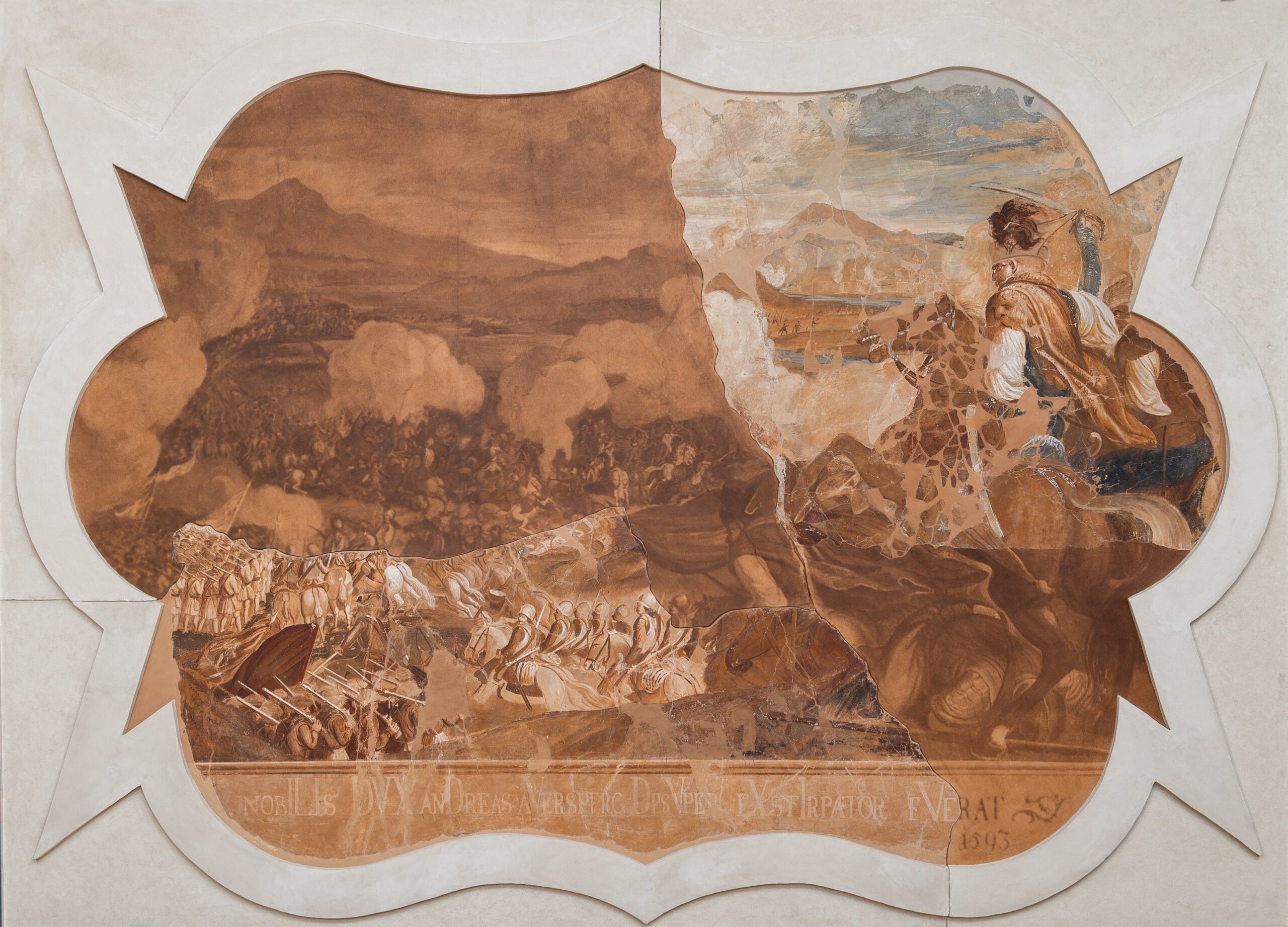 Fresco from Križ Castle near Komenda, depicting the Battle of Sisak with Andrej Auersperg on horseback, by Joseph Mayr, 1731. The original is held in the City Museum of Ljubljana.