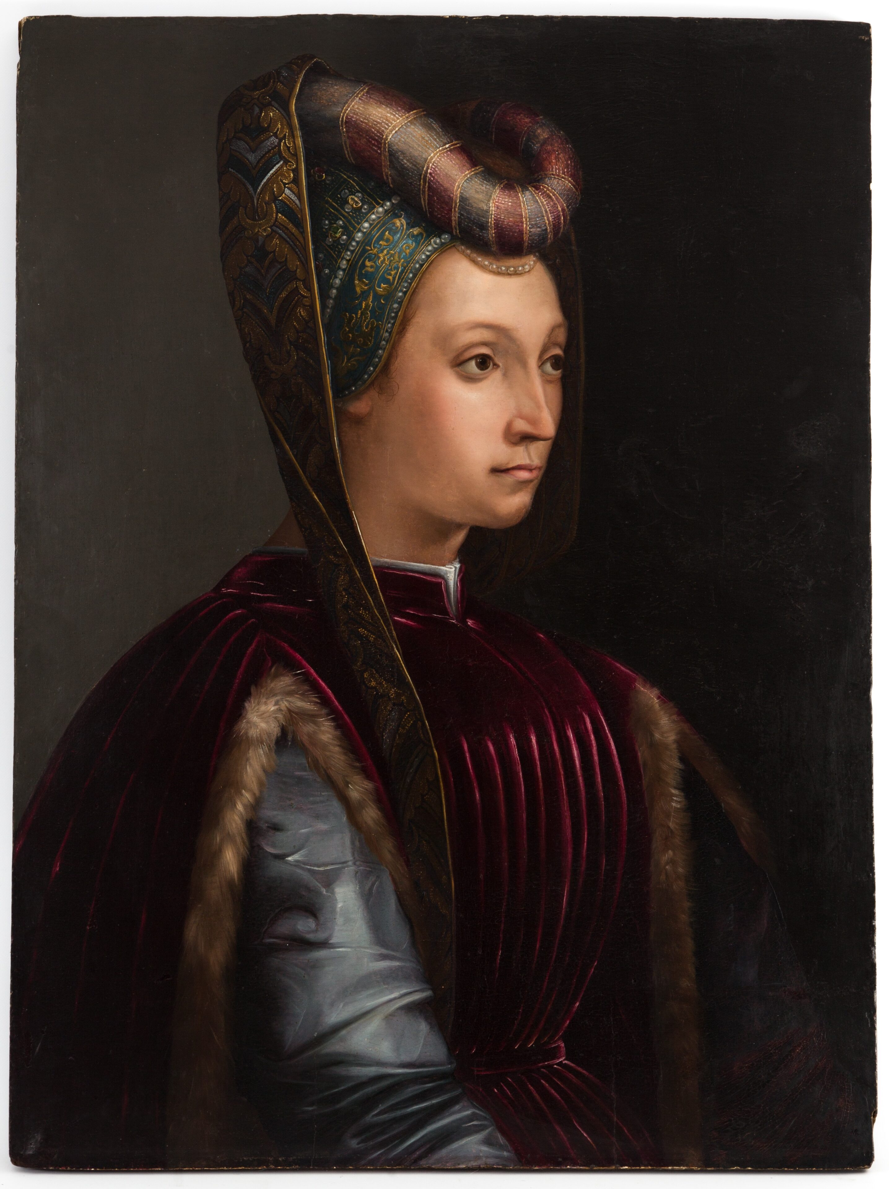 Portrait of an unknown lady of the Auersperg family, possibly Ana, Countess Frankopan (?–1498), likely painted in the second half of the 15th century. The original is held in the Croatian History Museum. 