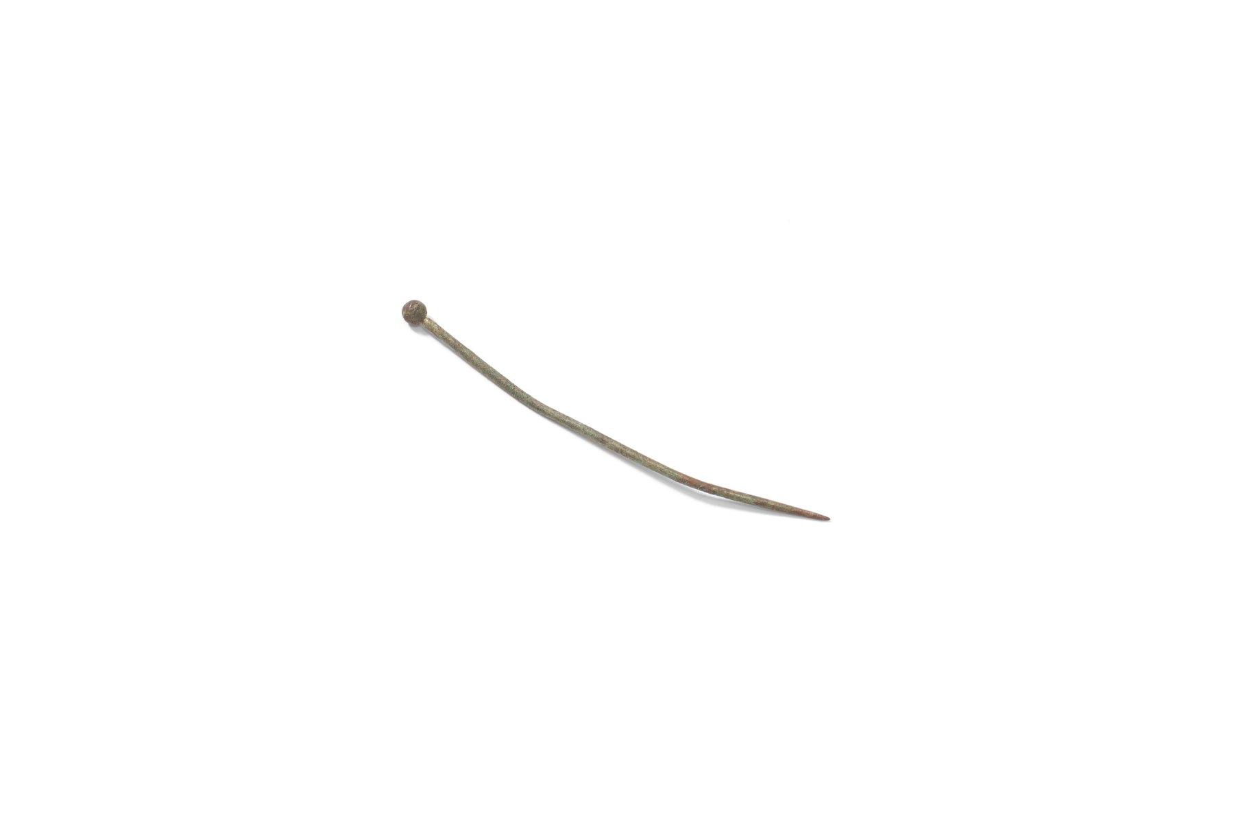Copper-alloy pin with a spherical head made of fine twisted wire. 15th–18th century.